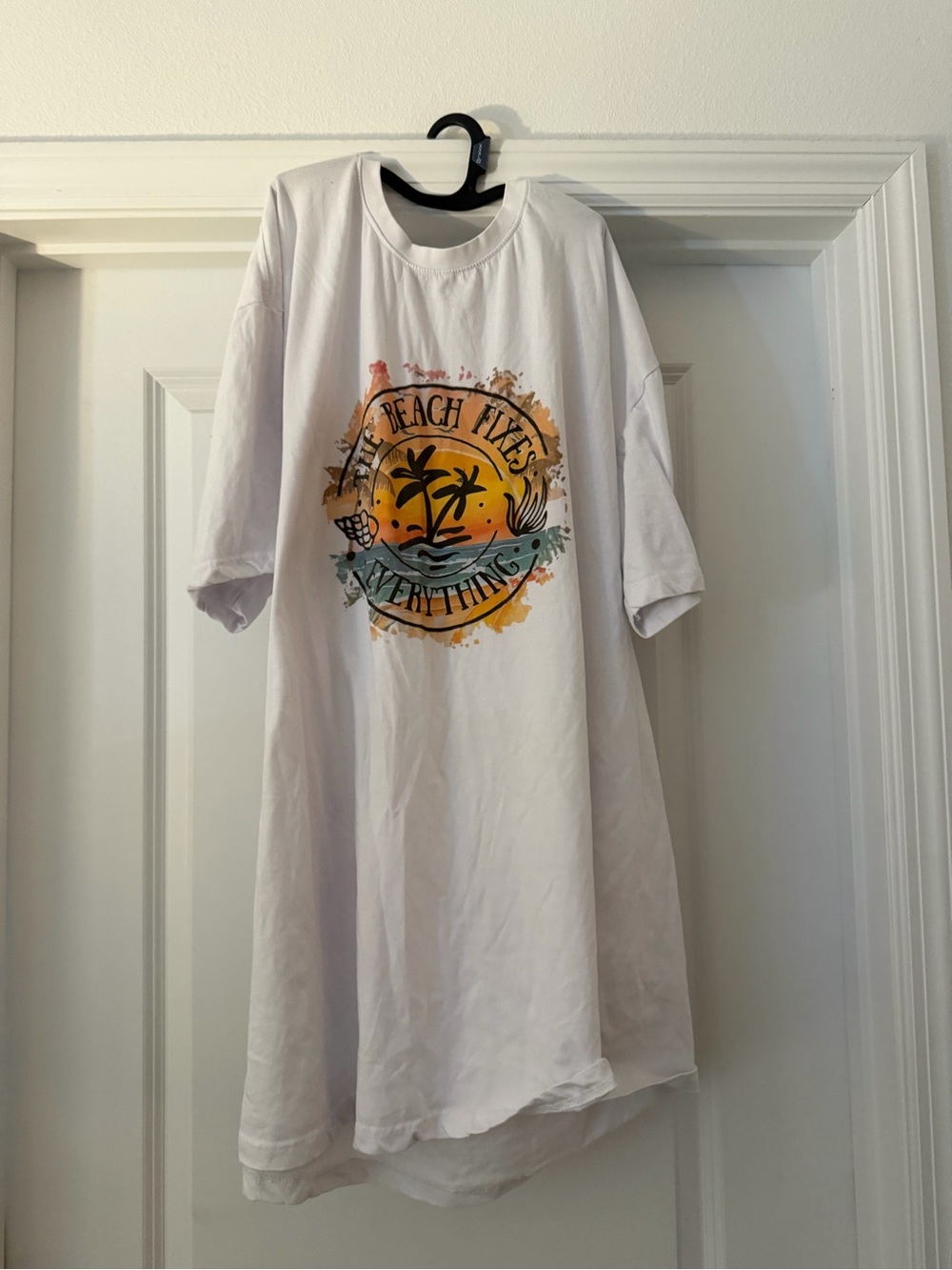 White Graphic Beach T-Shirt with Sunset Design